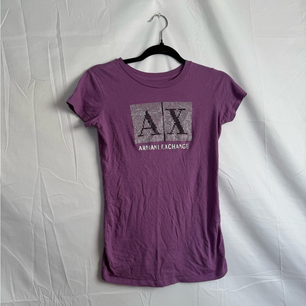 Armani Exchange AX Purple Rhinestone Logo Womens XS Fitted Short Sleeve Top